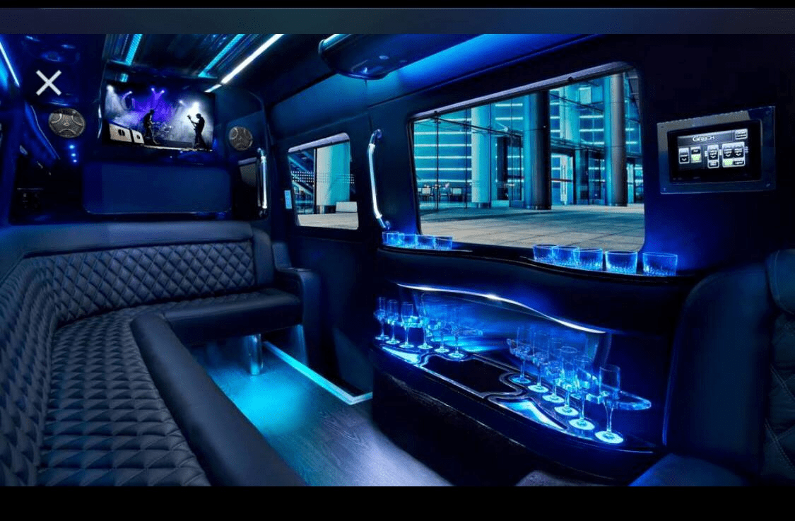Interior of luxury limo with blue lighting Interior of luxury limo with blue lighting